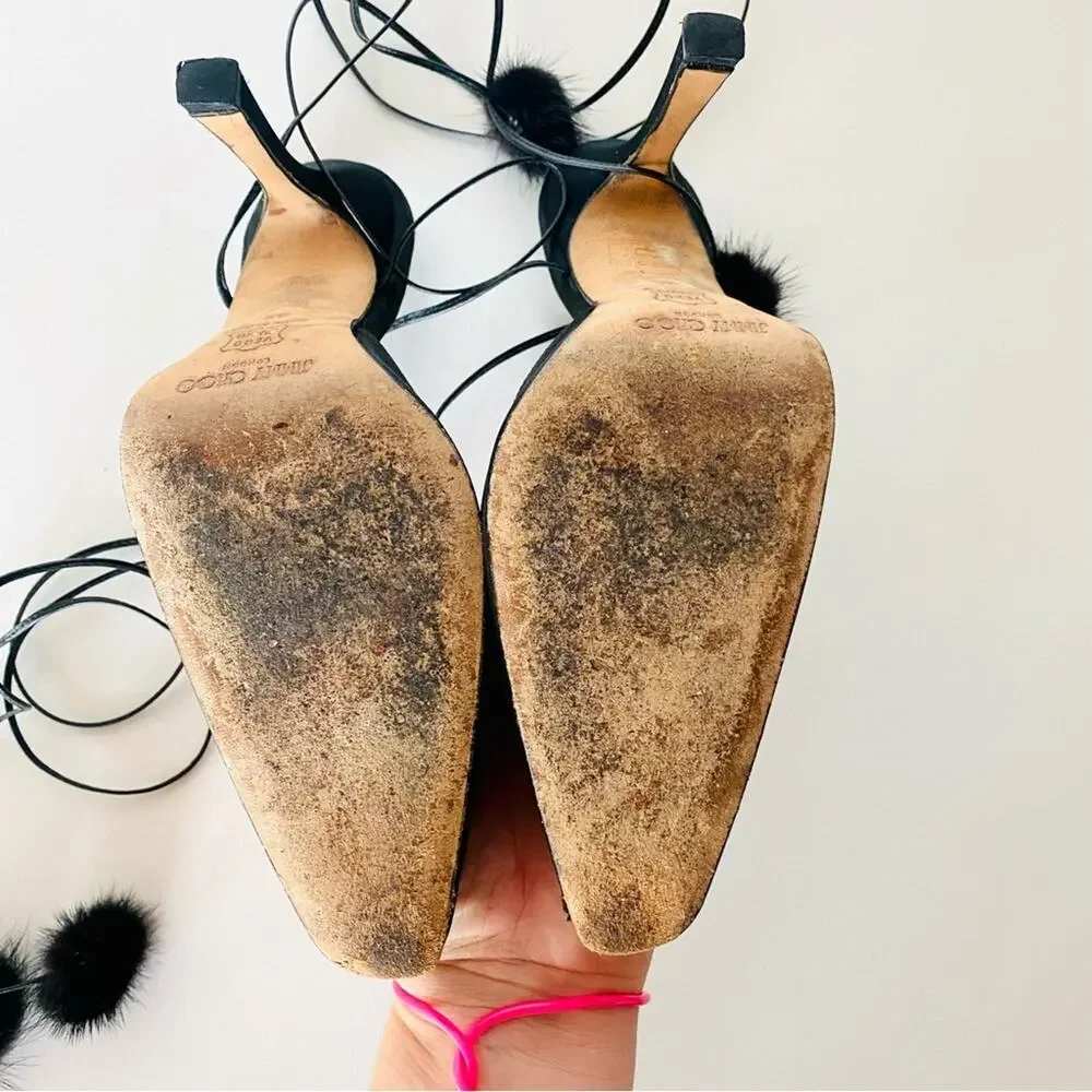 JIMMY CHOO Classic Black Pointy Toe Open Fur Pom Tie Wrap Heeled Mules Shoes 36